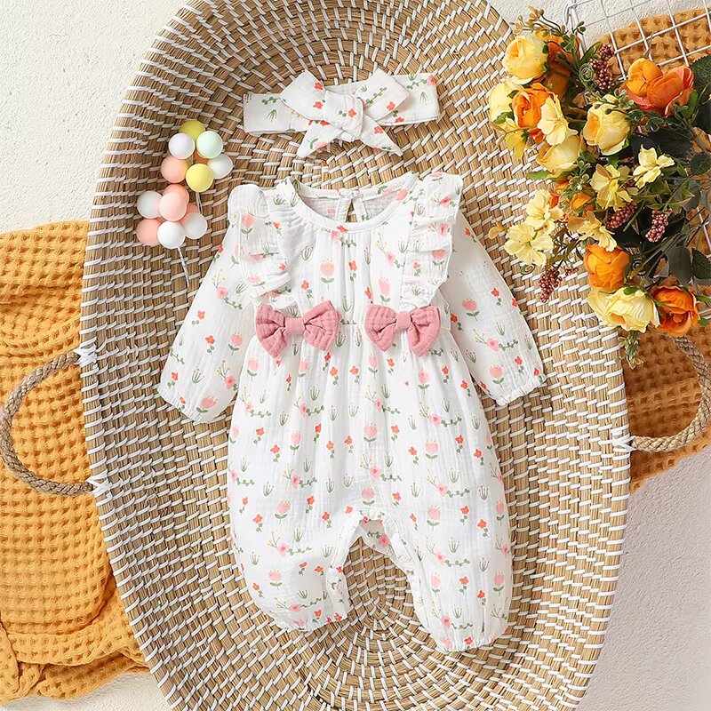 Barboteuse florale bébé fille manches longues avec bandeau – Lilovia