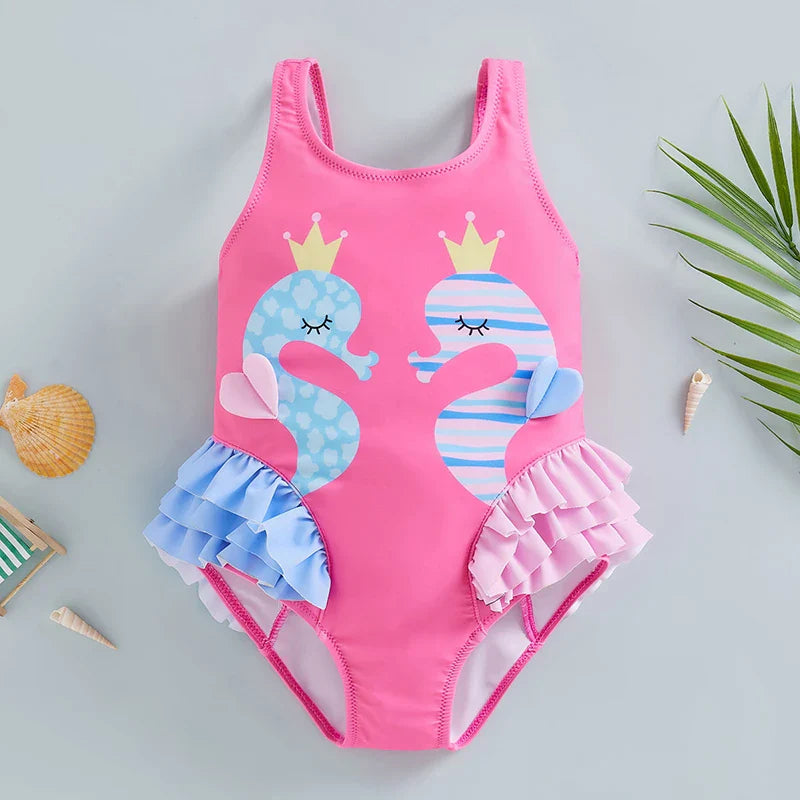 Maillot de bain fille imprimé hippocampe sans manches - hippocampeBébé
