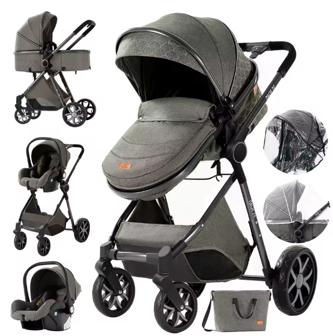 Poussette Bébé 3 en 1 Réversible avec Nacelle et Siège Auto – Châssis Aluminium Haut Paysage
