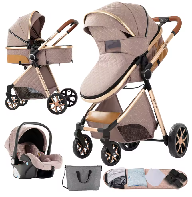 Poussette Bébé 3 en 1 Réversible avec Nacelle et Siège Auto – Châssis Aluminium Haut Paysage
