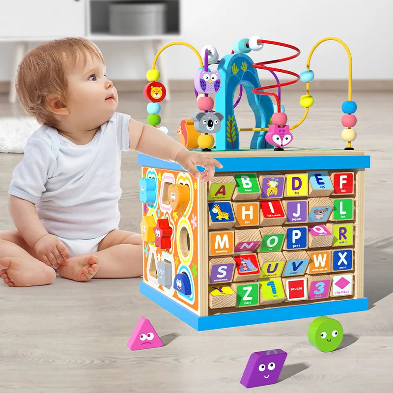 Jeu en Bois Éducatif avec Animaux, Horloge, Formes, Lettres et Couleurs - MultiBox