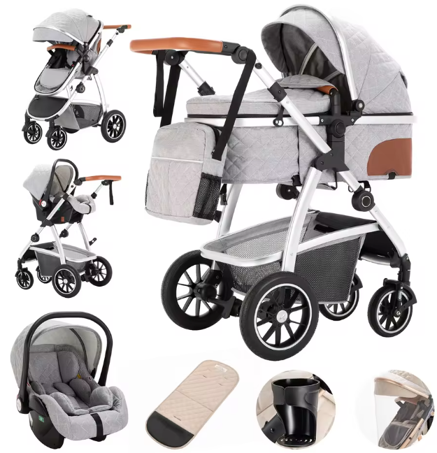 Poussette Bébé 3 en 1 Multifonction avec Nacelle et Siège Auto – Châssis Aluminium Réglable