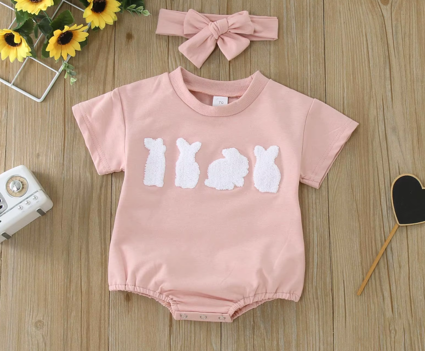 Grenouillère rose  Bébé fille avec Motif Animaux et Bandeau - Animou