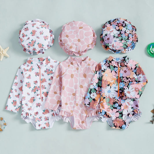 Maillot de Bain Bébé Fille Floral Volants avec Bonnet de Bain - FloralBaby