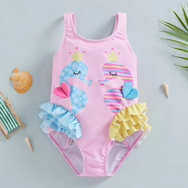 Maillot de bain fille imprimé hippocampe sans manches - hippocampeBébé
