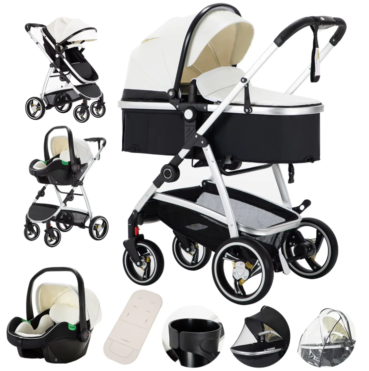 Poussette Bébé 3 en 1  – Châssis Aluminium et Cuir PU Imperméable - Poussecuir