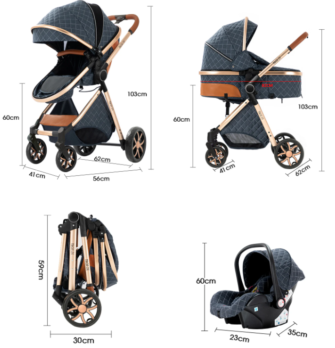 Poussette Bébé 3 en 1 Réversible avec Nacelle et Siège Auto – Châssis Aluminium Haut Paysage