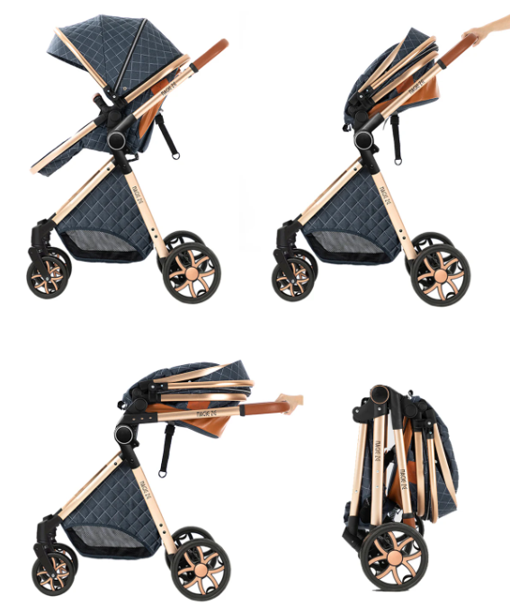 Poussette Bébé 3 en 1 Réversible avec Nacelle et Siège Auto – Châssis Aluminium Haut Paysage