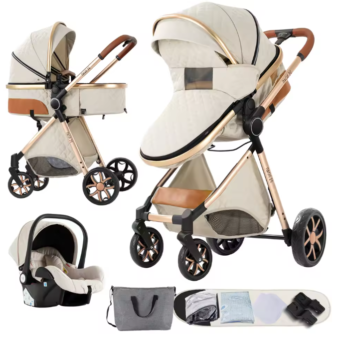 Poussette Bébé 3 en 1 Réversible avec Nacelle et Siège Auto – Châssis Aluminium Haut Paysage