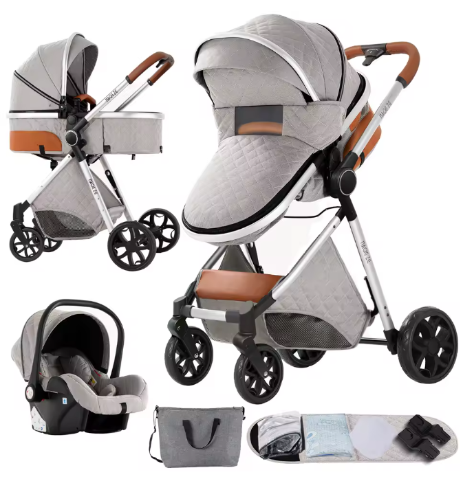 Poussette Bébé 3 en 1 Réversible avec Nacelle et Siège Auto – Châssis Aluminium Haut Paysage