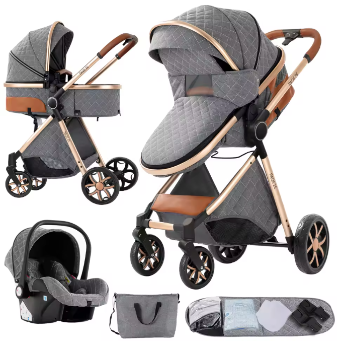 Poussette Bébé 3 en 1 Réversible avec Nacelle et Siège Auto – Châssis Aluminium Haut Paysage