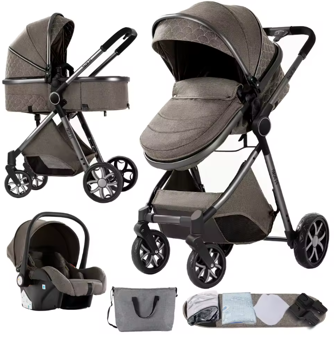 Poussette Bébé 3 en 1 Réversible avec Nacelle et Siège Auto – Châssis Aluminium Haut Paysage