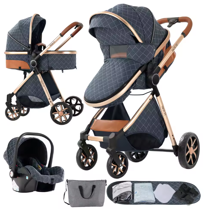 Poussette Bébé 3 en 1 Réversible avec Nacelle et Siège Auto – Châssis Aluminium Haut Paysage