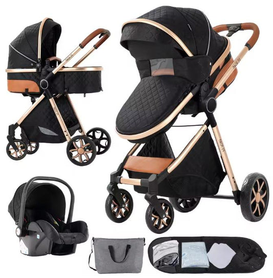 Poussette Bébé 3 en 1 Réversible avec Nacelle et Siège Auto – Châssis Aluminium Haut Paysage