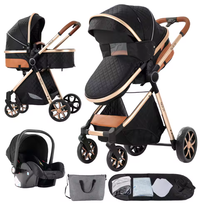 Poussette Bébé 3 en 1 Réversible avec Nacelle et Siège Auto – Châssis Aluminium Haut Paysage