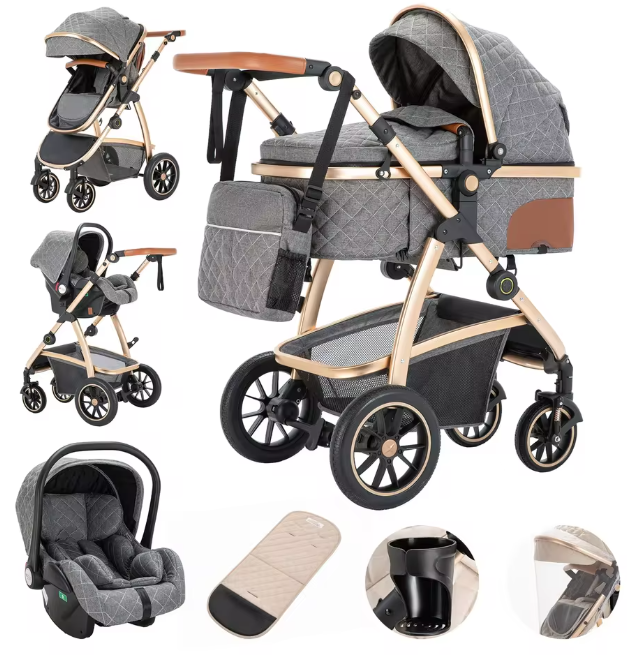 Poussette Bébé 3 en 1 Multifonction avec Nacelle et Siège Auto – Châssis Aluminium Réglable