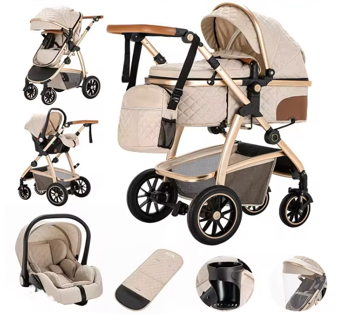 Poussette Bébé 3 en 1 Multifonction avec Nacelle et Siège Auto – Châssis Aluminium Réglable