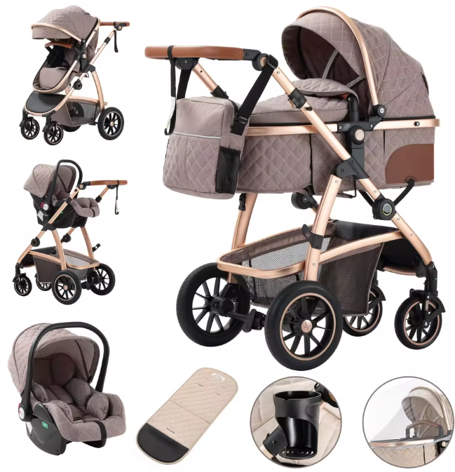 Poussette Bébé 3 en 1 Multifonction avec Nacelle et Siège Auto – Châssis Aluminium Réglable