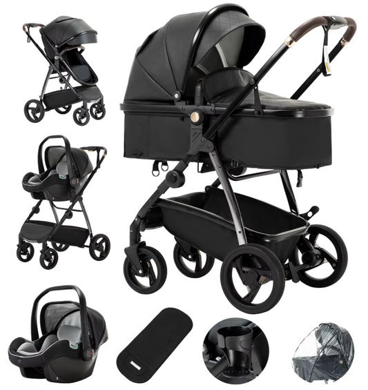 Poussette Bébé 3 en 1 Réversible avec Nacelle et Porte-Bébé – Châssis Aluminium et Cuir PU Imperméable - Poussecuir